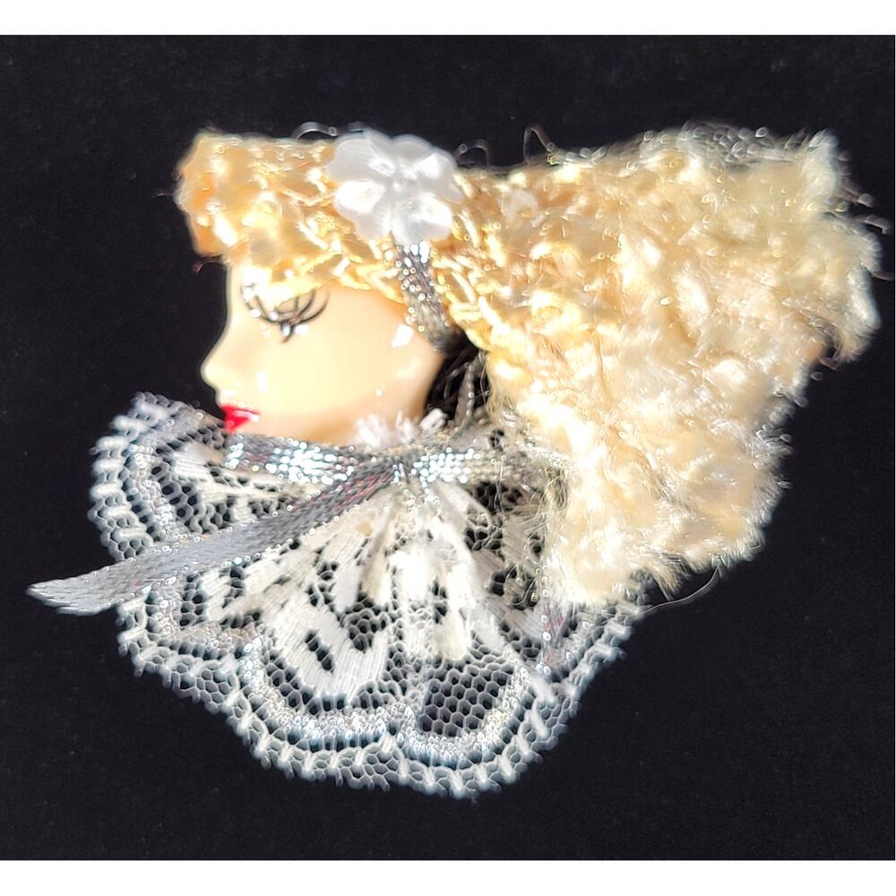 Glamour Lady Head Brooch Face With Lace and Silver Ribbon 1980's With Gift Box
